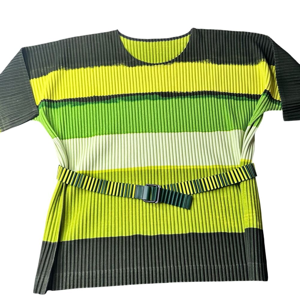 ISSEY MIYAKE Homme Plisse Pleated Green Belted Striped Blouse size 2